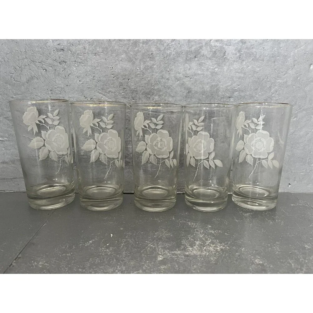Vintage Wild Rose Floral Juice Glasses Gold Rim Tumblers Set of 5